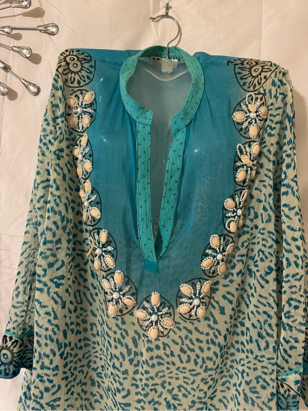 Turquoise Hand Beaded Women's Swim Coverup Size 2X - Picture 2 of 9